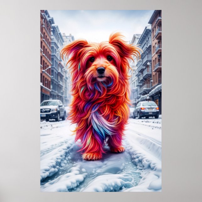 Poster Cachorro bonito perdido na estrada branca nevada (Frente)