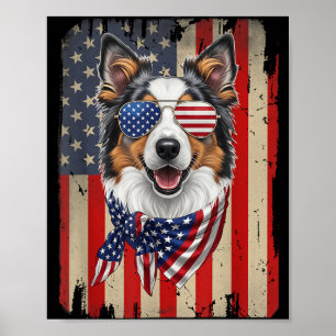 Poster Cachorro Border Collie de 4 de Julho Bandeira Amer