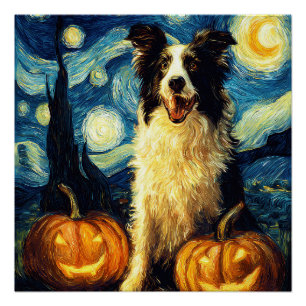 Pôster Cachorro Border Collie Fofo Abóbora de Halloween