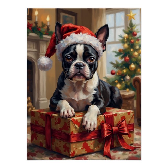 Pôster Cachorro Boston Terrier Elegante Presente de Natal (Frente)