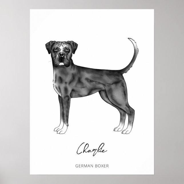 Poster Cachorro Boxer Alemão Preto e Branco & Texto Perso (Frente)