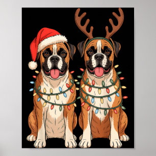 Poster Cachorro Boxer Chapéu de Papai Noel de Natal Luzes