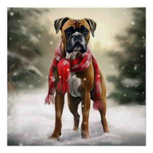 Pôster Cachorro Boxer na Neve Natal