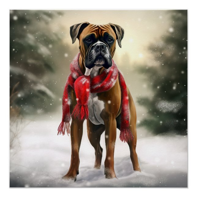 Pôster Cachorro Boxer na Neve Natal (Frente)