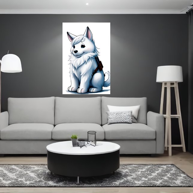 Poster Cachorro Branco com Arma| Arte AI (Criador carregado)
