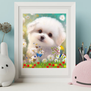 Poster Cachorro branco fofo da raça maltês no Jardim Flor