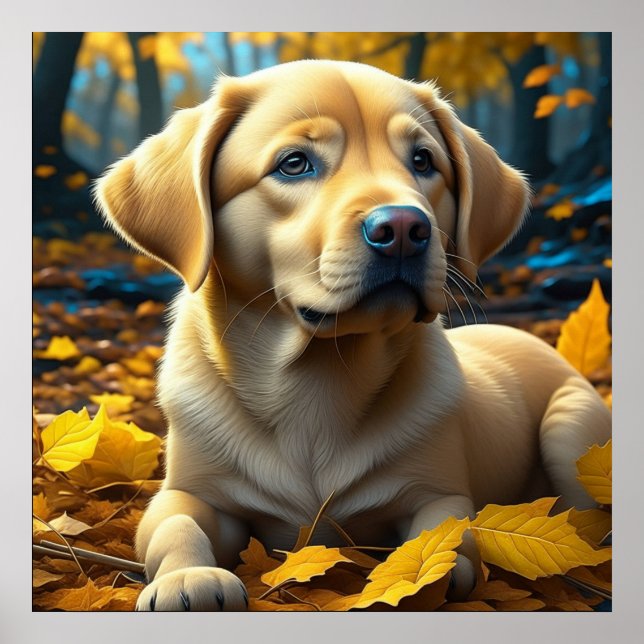 Poster Cachorro brincando nas folhas de outono (Frente)