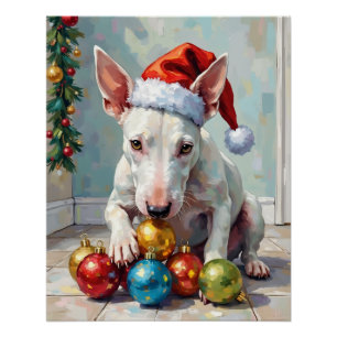 Pôster Cachorro Bull Terrier Brincalhão Guardando o Natal