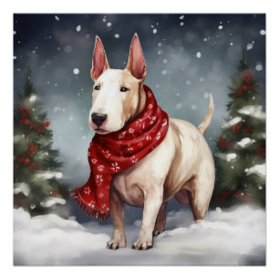 Pôster Cachorro Bull Terrier na Neve Natal