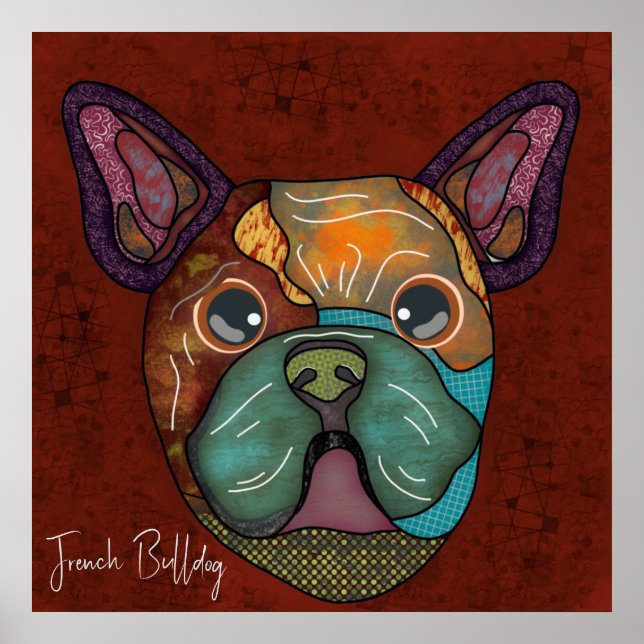 Poster Cachorro-cão francês maluco pintado à mão (Frente)