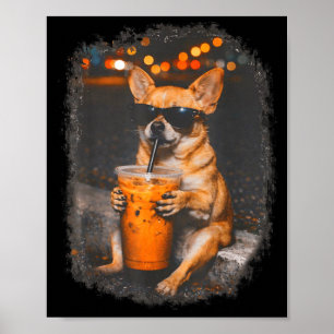 Poster Cachorro Chihuahua de óculos bebendo café gelado