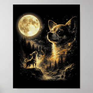 Poster Cachorro chihuahua engraçado uivando para a lua pa