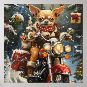 Poster Cachorro Chihuahua Pilotando Moto Natal 