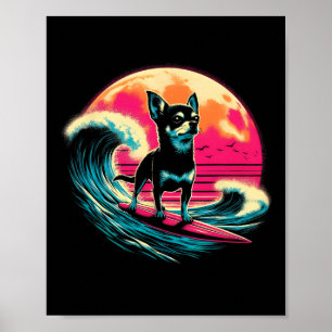 Poster Cachorro Chihuahua Surfista Pôr do Sol Retro - Chi