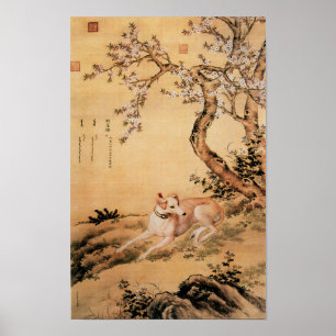 Poster Cachorro Chinês Antigo Debaixo de Flores de Pesseg