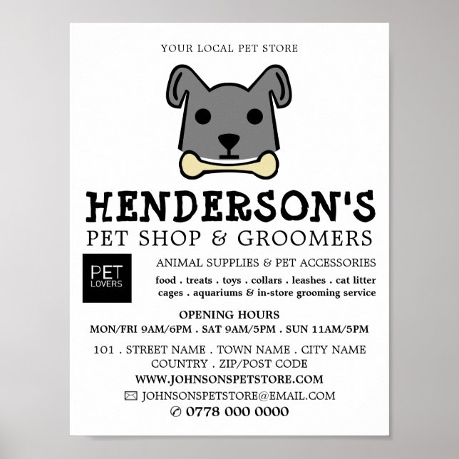 Poster Cachorro cinza com Osso, Pet Store e Groomers (Frente)