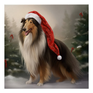 Pôster Cachorro Collie em Snow Christmas
