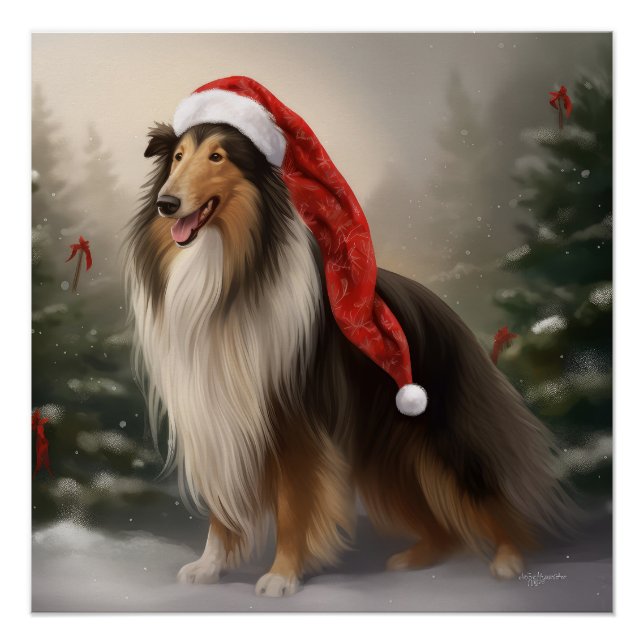 Pôster Cachorro Collie em Snow Christmas (Frente)