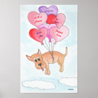 Poster Cachorro com Balões em Forma de Coração