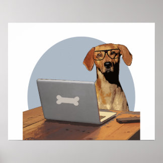 Poster Cachorro com óculos no computador e na mesa