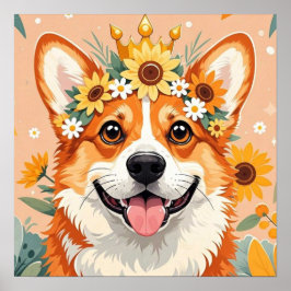 Poster Cachorro corgi alegre coroa de margaridas e girass