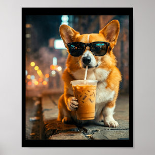Poster Cachorro corgi bebendo café gelado meme engraçado
