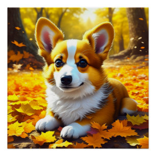 Pôster Cachorro Corgi Brincando em Folhas de Queda