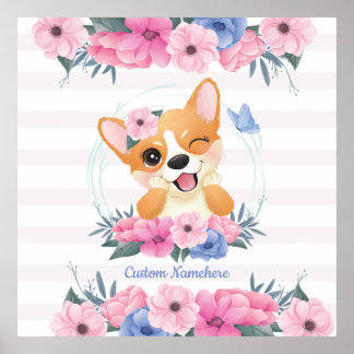 Poster Cachorro Corgi Fofo Coroa de Flores Borboleta Azul