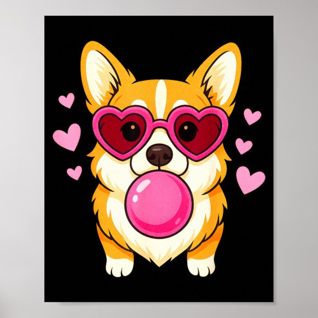 Poster Cachorro Corgi soprando chiclete rosa formando cor (Frente)