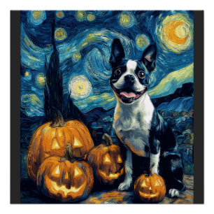 Pôster Cachorro Cute Boston Terrier Halloween Jack O Lant