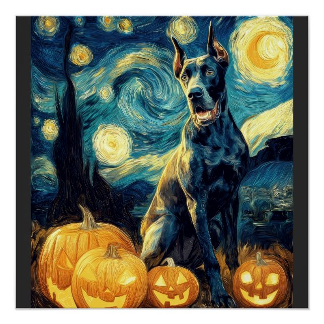 Pôster Cachorro Cute Great Dane no Halloween com Abóbora  (Frente)