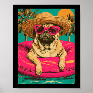 Poster Cachorro Cute Pug De Verão Com Óculos De Sol Tropi