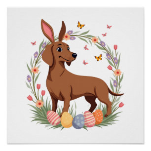 Pôster Cachorro Dachshund Coelho de Páscoa Vintage com Ov