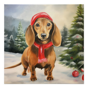 Pôster Cachorro Dachshund na Neve Natal 