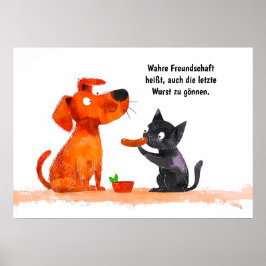 Poster Cachorro de Aquarela e Gato Lado a Lado