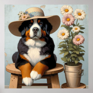 Poster Cachorro-de-Bona-Bonita com Chapéu e Flores