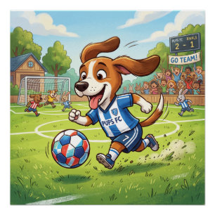 Pôster Cachorro de Desenho Animado Jogando Futebol