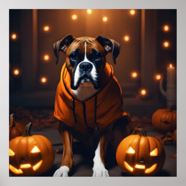 Poster Cachorro de Halloween bonito com abóboras à noite