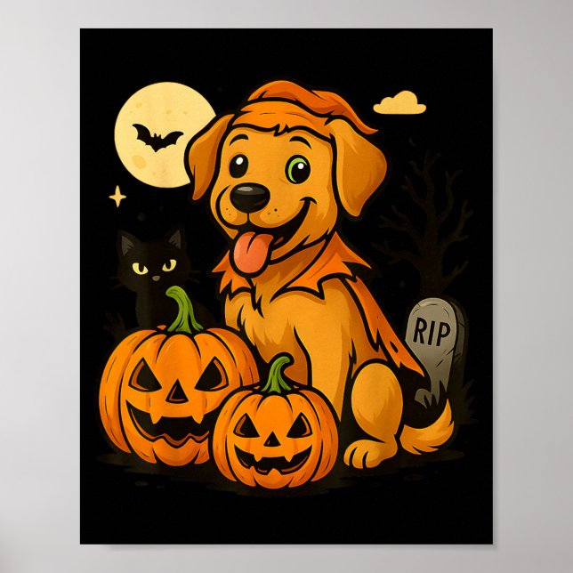 Poster Cachorro de Halloween Fofo Com Abóboras e Gato Pre (Frente)
