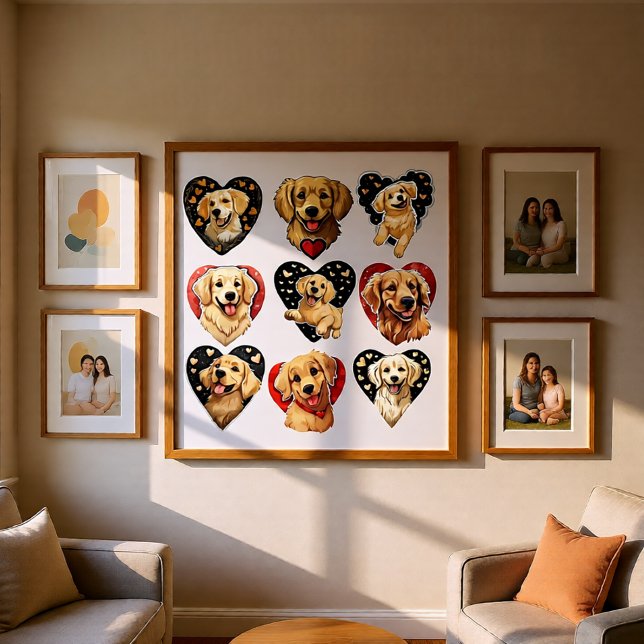 Poster Cachorro do namorados Ouro (Valentine Golden Retriever Hearts Wall Art Poster)
