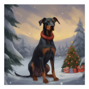 Pôster Cachorro Doberman no Natal da Neve