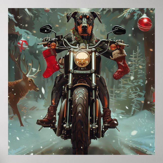 Poster Cachorro Doberman Pilotando Motocicleta Natal (Frente)