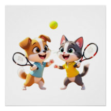 Cachorro e Gato de Desenho Animado Fofo Jogando Pa