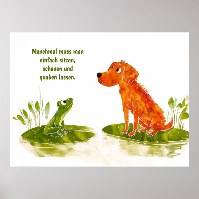 Poster Cachorro e Sapo de Aquarela em Lily Pad (Frente)
