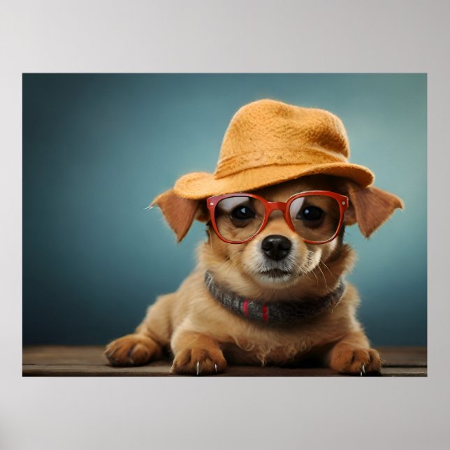 Poster Cachorro engraçado com óculos e chapéu (Frente)