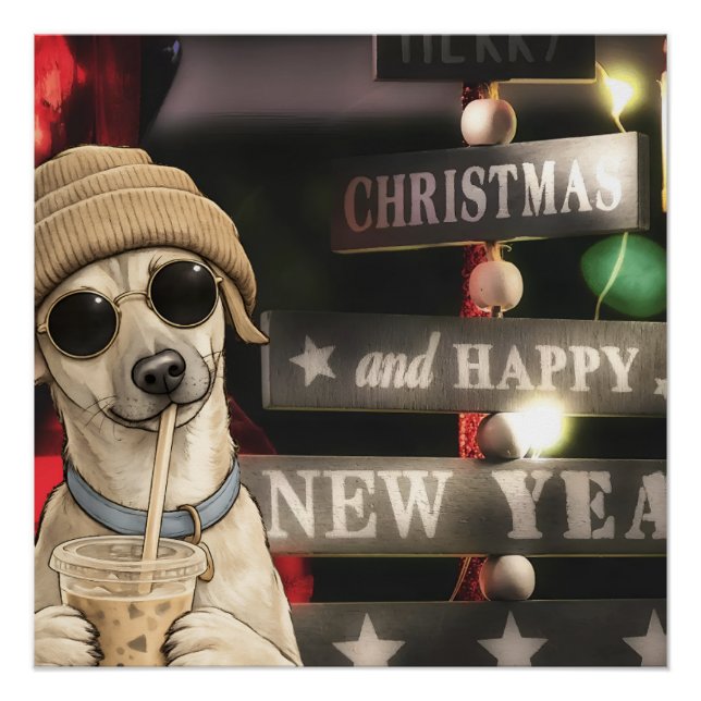 Pôster Cachorro engraçado de Natal bebendo chá de bolhas (Frente)