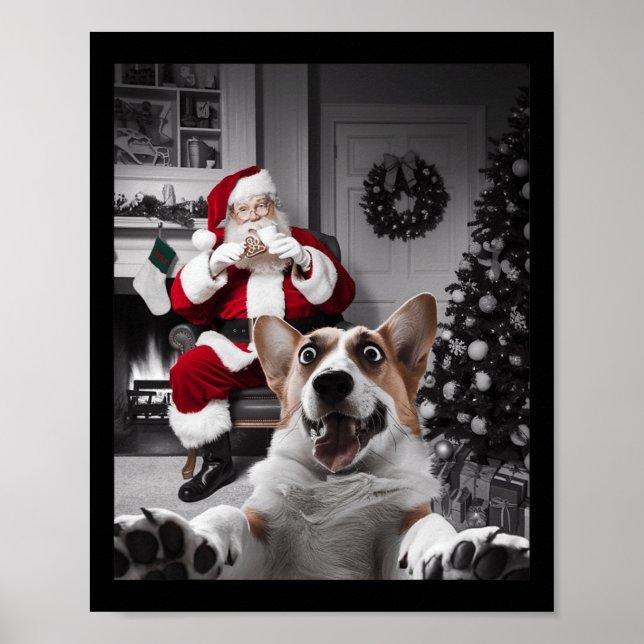 Poster Cachorro Engraçado de Natal Selfie com Papai Noel (Frente)