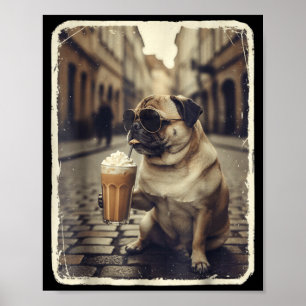 Poster Cachorro engraçado pug bebendo café gelado meme an