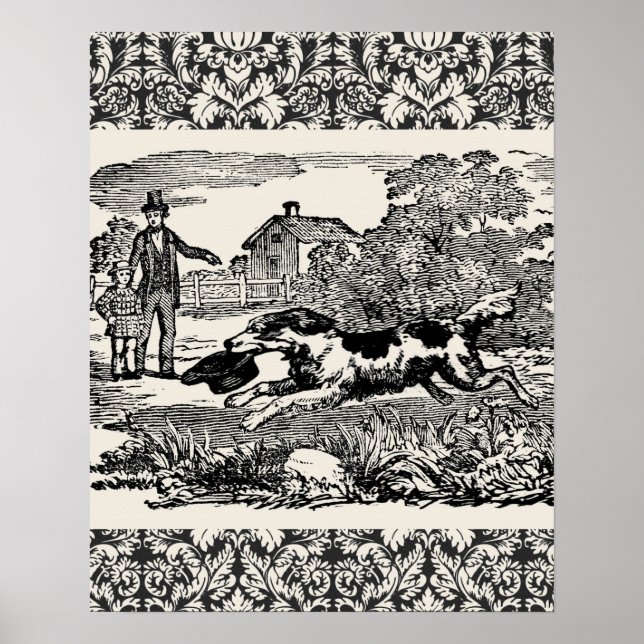 Pôster Cachorro executando ilustração vitoriana antiga de (Frente)