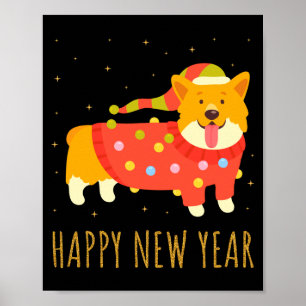 Poster Cachorro Feliz Corgi Celebrando Ano Novo Natal Aco
